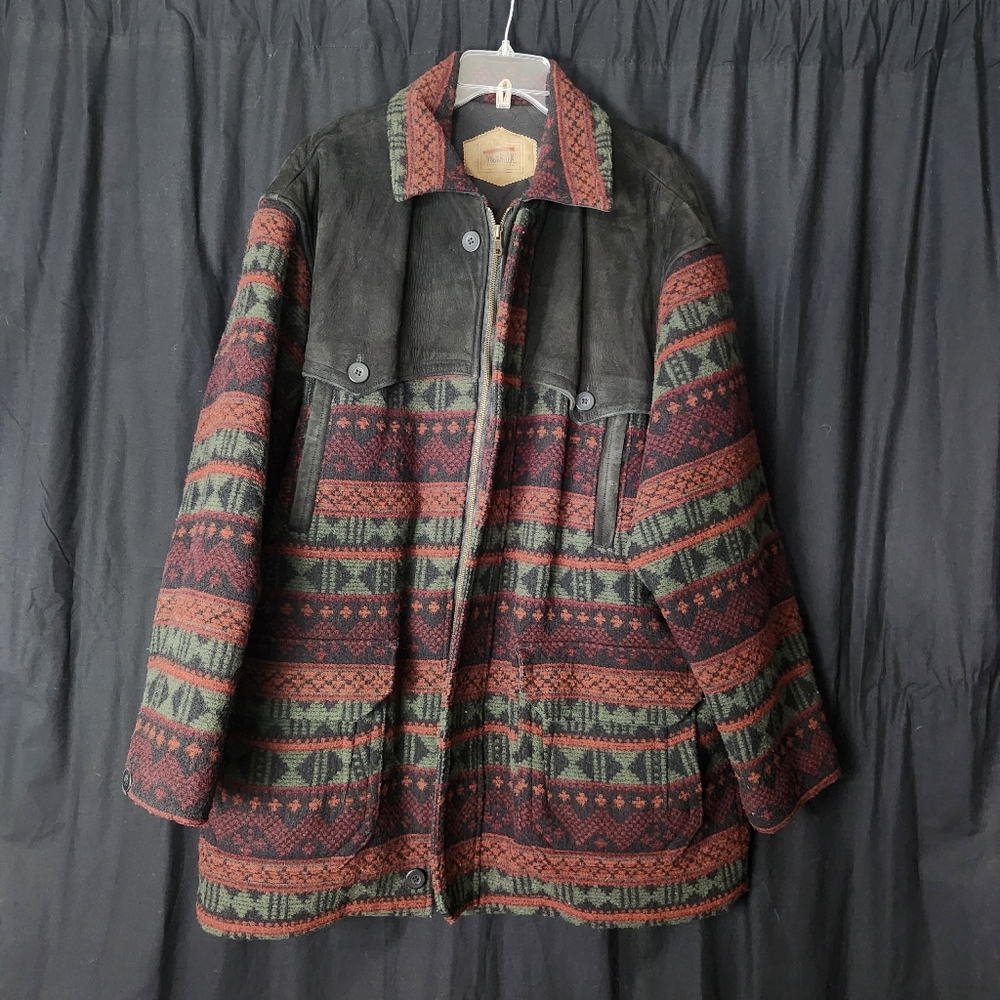 WoolRich Tribal Print wool and leather Jacket Size XL Unisex VINTAGE